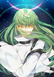 1girl breasts c.c. code_geass creayus female_focus floating_hair geass green_hair long_hair long_sleeves looking_at_viewer m&amp;m_(mickey_and_mackey) medium_breasts sidelocks solo upper_body wide_sleeves yellow_eyes