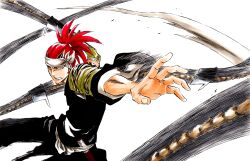 1boy abarai_renji absurdres arm_warmers black_kimono bleach clenched_teeth commentary_request cowboy_shot fighting_stance forehead_tattoo foreshortening headband highres holding holding_sword holding_weapon japanese_clothes ken&#039;ichi_(ken1ro_u) kimono long_hair long_sleeves looking_at_viewer male_focus motion_lines outstretched_arms outstretched_hand ponytail red_hair serious sheath simple_background single_arm_warmer solo sword teeth tiger_stripes v-shaped_eyebrows weapon white_background white_headband wide_sleeves zabimaru_(shikai)
