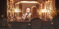 1girl absurdres black_ribbon blonde_hair candle candlestand chair character_doll chinese_commentary commentary_request cosmetics desk doll dressing_room floral_print flower from_behind glass glass_bottle glass_jar highres holding holding_lipstick_tube holding_makeup_palette indoors lipstick_tube long_hair long_sidelocks long_sleeves looking_at_mirror makeup_brush mirror neck_ribbon on_chair original parted_lips pearl_hair_ornament pointy_ears reflection ribbon rose shirt sidelocks sitting solo squeeze_bottle straight_hair table user_gwes8577 vase wall_lamp warm_colored white_flower white_rose white_shirt yellow_eyes yellow_flower yellow_theme