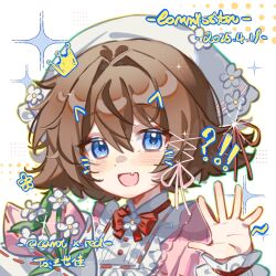 Rule 34 | !?, 1girl, :d, blue eyes, blush, bouquet, bow, bowtie, brown hair, commission, drawn crown, drawn ears, drawn whiskers, dress, fang, flower, hand up, headscarf, highres, looking at viewer, open mouth, original, pink dress, portrait, red bow, red bowtie, short hair, skin fang, smile, solo, wangyou paigutang, white background, white headscarf