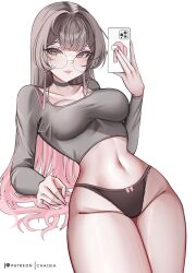 1girl absurdres among_us artist_name black_choker black_panties blunt_bangs bow bow_panties breasts brown_eyes brown_hair cellphone chaisia_art choker cleavage collarbone crop_top eyebrows_hidden_by_hair eyeshadow glasses grey_shirt highleg highleg_panties highres holding holding_phone iphone large_breasts leaning_back lipstick long_hair long_sleeves looking_at_viewer makeup michi_(chaisia_art) multicolored_hair navel panties patreon_logo patreon_username phone pink_(among_us) pink_bow pink_eyeshadow pink_hair pink_lips pink_nails round_eyewear shirt smartphone smile solo standing streaked_hair teeth thighs underwear very_long_hair white_background
