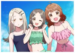3girls :d ;d ahoge bikini bikini_shorts blue_background blunt_ends brown_eyes brown_hair collarbone colored_eyelashes flipped_hair forehead frilled_bikini frills gakuen_idolmaster gradient_hair hair_ornament hairclip hanami_ume highres idolmaster kuramoto_china light_brown_hair long_hair looking_at_viewer midriff mogukichi_aka multicolored_hair multiple_girls navel one_eye_closed open_mouth orange_eyes parted_bangs polka_dot polka_dot_bikini red_hair school_swimsuit shinosawa_hiro shorts single_tooth smile straight_hair swimsuit thick_eyelashes