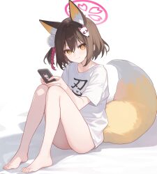 Rule 34 | 1girl, animal ears, barefoot, blue archive, brown hair, cellphone, closed mouth, commentary, fox ears, fox tail, halo, highres, holding, holding phone, izuna (blue archive), legs, looking at viewer, phone, pipipipyu, red halo, shirt, short hair, simple background, sitting, smile, solo, t-shirt, tail, thighs, white background, white shirt