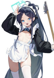 1girl :d absurdres apron aqua_halo aris_(blue_archive) aris_(maid)_(blue_archive) back_bow black_hair blue_archive blue_eyes bow breasts broom commentary halo highres holding holding_broom kei_(robot)_(blue_archive) loli long_hair long_sleeves looking_at_viewer maid_apron nipples official_alternate_costume open_mouth simple_background small_breasts smile solo standing suye thighhighs very_long_hair white_apron white_background white_bow white_thighhighs