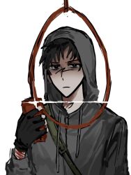 1boy :| bags_under_eyes black_gloves black_hair closed_mouth cry_of_fear exhausted gloves grey_hoodie highres holding holding_phone hood hood_up hoodie imminent_suicide kerwind1200 leukocoria looking_at_viewer male_focus multiple_scars noose phone scar scar_on_arm self-harm_scar short_hair simon_henriksson solo taking_picture upper_body wrist_cutting