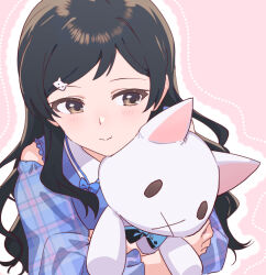 Rule 34 | 1girl, black hair, brown eyes, cat hair ornament, closed mouth, hair ornament, holding, holding stuffed toy, idolmaster, idolmaster million live!, idolmaster million live! theater days, kitazawa shiho, light blush, long hair, long sleeves, official alternate hair color, plaid clothes, shirop imas, smile, solo, stuffed animal, stuffed cat, stuffed toy, upper body