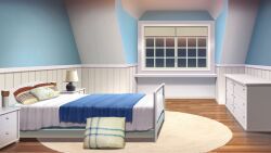 blanket blue_theme ceiling_light chest_of_drawers cityscape desk_lamp highres indoors lamp moonlight night no_humans non-web_source official_art our_life:_beginnings_and_always pillow rug scenery striped_wall towel window_blinds windowsill wooden_floor