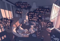 Rule 34 | 1boy, 2girls, beard, black hair, blank eyes, blind, sophie (popopoka), closed mouth, commentary, cup, desk slam, domestic violence, drinking glass, english commentary, english text, facial hair, family, fighting, freckles, grey eyes, indoors, multiple girls, neck ribbon, open mouth, original, popopoka, profanity, ribbon, shirt, short sleeves, shouting, sitting, table, white shirt, wide-eyed, window