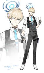 1boy absurdres black_gloves black_pants blonde_hair blue_archive blue_eyes blue_necktie briefcase chest_harness closed_mouth collared_shirt commentary dated expressionless fingerless_gloves full_body genderswap genderswap_(ftm) gloves halo harness headset highres holding holding_briefcase jacket male_focus meltykiss0316 necktie pants shirt shoes short_hair signature standing three-quarter_sleeves toki_(blue_archive) twitter_username v vest waistcoat white_shirt white_shoes zoom_layer