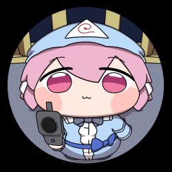 1girl :3 aiming aiming_at_viewer blue_dress blue_hat chibi dress fisheye full_body gun hat highres holding holding_gun holding_weapon looking_at_viewer mob_cap pov_peephole purple_eyes purple_hair saigyouji_yuyuko solo touhou weapon y75zei