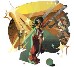 Rule 34 | 1girl, 6+boys, arm up, ball, black hair, boots, centurion (reverse:1999), centurion (the universal star) (reverse:1999), dress, earrings, elbow gloves, evening gown, gloves, hat, highres, jewelry, long hair, mexican flag, multicolored hair, multiple boys, official art, open mouth, outdoors, red dress, red gloves, reverse:1999, sash, smile, solo focus, sombrero, sparkle, stadium, streaked hair, third-party source, trophy, white footwear, white hair