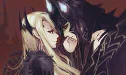 Rule 34 | 2boys, androgynous, armor, black armor, black hair, black helmet, blonde hair, crown, face-to-face, helmet, jewelry, long hair, male focus, morgoth, multiple boys, nail polish, pale skin, parted lips, pointy ears, profile, red eyes, ring, sauron, silmaril (gem), teeth, the silmarillion, tokidoki tidori, tolkien&#039;s legendarium, yaoi