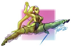 1girl alien animification ass bdsm breasts brown_eyes collar colored_skin curvy dancer dancing ear_protection female_focus fishnets fundoshi green_skin headgear japanese_clothes leash lipstick makeup oola revealing_clothes robaato sandals see-through_clothes shiny_skin slave solo split star_wars tentacle_hair twi&#039;lek wide_hips