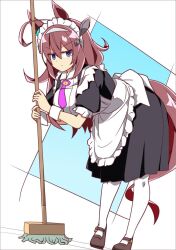 1girl ahoge alternate_costume animal_ears black_dress blue_background blue_eyes brown_hair brown_shoes closed_mouth commentary_request dress ear_ornament enmaided full_body hair_between_eyes hair_ornament hairclip highres holding holding_mop horse_ears horse_girl horse_tail leaning_forward loafers long_hair looking_at_viewer maid maid_headdress mihono_bourbon_(umamusume) mop necktie pantyhose pink_necktie puffy_short_sleeves puffy_sleeves shoes short_sleeves silver_hairband simple_background solo tail two-tone_background umamusume v-shaped_eyebrows wahiko_(black_bastard) white_background white_pantyhose wrist_cuffs