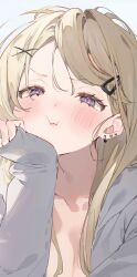 1girl :i blonde_hair blush breasts cleavage collarbone ear_piercing grey_jacket hair_between_eyes hair_ornament hairclip head_rest highres jacket jewelry long_hair long_sleeves looking_at_viewer open_clothes original piercing pout purple_eyes simple_background sleeves_past_wrists solo upper_body x_hair_ornament yuita_(yuita17)
