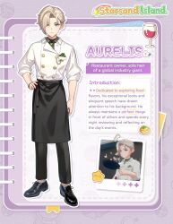 1boy apron asymmetrical_hair aurelis_(starsand_island) black_apron black_bow black_pants black_shoes blonde_hair border bow breast_pocket buttons character_name character_profile chef closed_mouth collared_jacket commentary copyright_name double-breasted dress_pants dress_shoes earrings english_commentary english_text expressionless full_body game_screenshot_inset green_eyes hand_on_own_hip handkerchief highres jacket jewelry lapels long_sleeves looking_at_viewer male_focus notched_lapels official_art outline outside_border pants pocket purple_border shoes short_hair sleeve_cuffs sleeves_rolled_up solo standing starsand_island stud_earrings waist_apron waist_bow white_background white_jacket white_outline