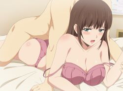 1boy 1girl ass bedroom blush bra breasts brown_hair commentary_request domestic_na_kanojo double_strap_slip eufoniuz furrowed_brow green_eyes hetero highres indoors large_breasts long_hair on_bed open_mouth paid_reward_available panties pink_bra pink_panties prone_bone revision sex sex_from_behind subscribestar_logo subscribestar_username tachibana_hina underwear underwear_only