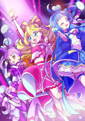Rule 34 | 3girls, ahoge, arm up, blonde hair, blue eyes, blue hair, blue skirt, blush, bow, breasts, brooch, crop top, cure idol, cure kyunkyun, cure wink, detached sleeves, double bun, dress, earrings, emine mutsu, hair between eyes, hair bun, hair ornament, headphones, heart, heart brooch, highres, idol, idol clothes, jewelry, kimi to idol precure, long hair, midriff, multicolored hair, multiple girls, navel, one eye closed, open mouth, orange eyes, pink hair, pink skirt, plaid bow, plaid clothes, plaid skirt, plaid sleeves, precure, purple dress, purple eyes, purple hair, purple skirt, purple thighhighs, short sleeves, skirt, small breasts, smile, standing, standing on one leg, thighhighs