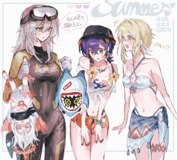 Rule 34 | 4girls, @ @, belle (zenless zone zero), bikini, blonde hair, blue hair, blue sarong, breasts, bucket hat, covered navel, diving suit, dress, genshin impact, green eyes, grey hair, hat, highres, honkai: star rail, honkai (series), lumine (genshin impact), medium breasts, medium hair, mihoyo, multiple girls, navel, official alternate costume, orange shorts, paimon (genshin impact), sarong, shirt, short hair, short hair with long locks, short shorts, shorts, speech bubble, stelle (honkai: star rail), swimsuit, tied shirt, trailblazer (honkai: star rail), translation request, upside-down, white bikini, white dress, white hair, x x (batttsu 404), yellow eyes, zenless zone zero