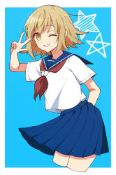 1girl alternate_costume blue_background blue_sailor_collar blue_skirt border brown_hair cropped_legs grin highres maezono_sachiko medium_hair miniskirt munou_na_nana neckerchief one_eye_closed pleated_skirt red_neckerchief sailor_collar sailor_shirt school_uniform serafuku shirt short_sleeves skirt smile solo w white_border white_shirt yellow_eyes yukisa