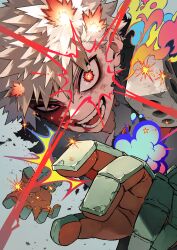 1boy absurdres arms_up bakugou_katsuki blonde_hair blood blood_on_face boku_no_hero_academia bright_pupils chiueuue colored_smoke commentary explosion gloves grey_background hashtag-only_commentary highres looking_at_viewer male_focus mismatched_pupils open_mouth red_eyes shirt short_hair smoke solo sparks star_(symbol) superhero_costume teeth torn_clothes torn_shirt uneven_eyes upper_body