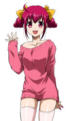 10s 1girl bare_shoulders blush female_focus hoshizora_miyuki looking_at_viewer nail_polish naked_sweater open_mouth pink_eyes pink_hair pink_nails pink_thighhighs precure short_hair simple_background smile_precure! solo sweater thighhighs wauwa white_background