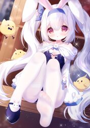 1girl :o animal_ears azur_lane bare_shoulders blue_bow blue_hairband blue_leotard blue_shoes bow breasts cleavage_cutout clothing_cutout commentary_request crossed_bangs fake_animal_ears feet hair_between_eyes hair_bow hair_ornament hairband hamiyamiko highres jacket laffey_(azur_lane) laffey_ii_(azur_lane) laffey_ii_(sleepy_on_a_busy_day)_(azur_lane) leotard long_hair long_sleeves looking_at_viewer manjuu_(azur_lane) multicolored_eyes pantyhose playboy_bunny pom_pom_(clothes) pom_pom_hair_ornament purple_eyes rabbit_cutout rabbit_ears red_eyes shoes single_shoe sitting small_breasts solo strapless strapless_leotard toes twintails two-tone_eyes very_long_hair white_hair white_jacket white_pantyhose