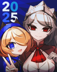 Rule 34 | 2025, 2girls, animal ear hairband, animal ears, aria (phantom rose), ascot, black bow, black bowtie, blonde hair, blue background, blue eyes, blue headband, blurry, blush, bow, bowtie, breasts, cat ear hairband, cat ears, colored skin, commentary request, depth of field, dress, eyebrows hidden by hair, fake animal ears, grey hair, hairband, happy new year, head tilt, headband, highres, long hair, looking at viewer, maid, maid headdress, makaroll, multiple girls, new year, open mouth, original, phantom rose, red ascot, red eyes, reina (phantom rose), short hair, small breasts, smile, swept bangs, two-tone dress, v, white skin