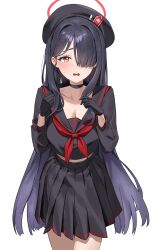 1girl absurdres bby black_choker black_gloves black_hair black_sailor_collar black_serafuku black_skirt blue_archive choker cowboy_shot gloves highres justice_task_force_member_(blue_archive) long_hair long_sleeves neckerchief pleated_skirt red_eyes red_neckerchief sailor_collar school_uniform serafuku simple_background skirt solo white_background