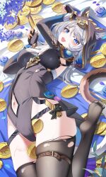 1girl absurdres animal_ear_fluff animal_ears arms_up artist_name belt black_leotard black_thighhighs blue_eyes blush breasts cat_ears chinese_commentary cipher_(honkai:_star_rail) clothing_cutout coin commentary_request fingernails flower foot_out_of_frame grey_hair highleg highleg_leotard highres holding holding_coin honkai:_star_rail honkai_(series) jndfh large_breasts leotard long_hair long_sleeves looking_at_viewer lying nail_polish navel navel_cutout no_shoes on_back open_mouth paw_pose pixiv_logo purple_flower solo thigh_belt thigh_strap thighhighs thighs very_long_hair yellow_nails
