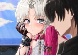 1boy 1girl absurdres aqua_eyes black_gloves black_hair blue_sky blurry blurry_foreground blush carlotta_(wuthering_waves) closed_mouth commentary commonalty day embarrassed gloves highres looking_at_another male_rover_(wuthering_waves) multicolored_eyes outdoors parted_bangs pink_eyes portrait rover_(wuthering_waves) sky two-tone_eyes white_hair wuthering_waves