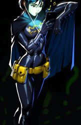1girl ? batgirl batman_(series) belt belt_pouch black_hair cassandra_cain cellphone commentary dc_comics earphones english_commentary highres holding holding_phone listening_to_music looking_at_phone maebiel musical_note phone pouch shiny_clothes short_hair skin_tight smartphone solo yellow_belt
