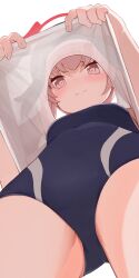 1girl black_hat blue_archive blue_one-piece_swimsuit blush breasts closed_mouth clothes_lift from_below halo hat highres hiroki_(yyqw7151) koharu_(blue_archive) lifting_own_clothes one-piece_swimsuit pink_eyes pink_hair raised_eyebrows shirt_lift short_hair simple_background small_breasts solo swimsuit swimsuit_under_clothes thighs twintails upshirt white_background winged_hat