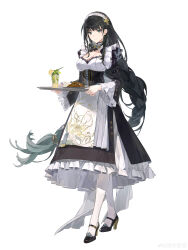 1girl absurdres apron baizhi_(wuthering_waves) black_corset black_hair black_shoes braid breasts chinese_commentary cleavage cleavage_cutout closed_mouth clothing_cutout corset crossed_legs cup dress drink drinking_glass food frilled_apron frilled_dress frilled_sleeves frills fruit full_body gradient_hair green_eyes green_hair hairband high_heels highres holding holding_tray layered_dress lemon lemon_slice long_dress long_hair long_sleeves looking_at_viewer low-braided_long_hair low-tied_long_hair maid medium_breasts multicolored_hair nanchi_fantuan official_alternate_costume official_art pantyhose plate rice shoes single_braid smile solo standing tachi-e tray very_long_hair watermark weibo_username weibo_watermark white_apron white_background white_hairband white_pantyhose wuthering_waves