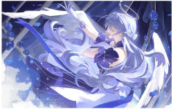 1girl absurdres bare_shoulders blue_flower blue_rose closed_eyes detached_sleeves dress facing_to_the_side floating_hair flower gloves halo hand_up head_wings highres honkai:_star_rail honkai_(series) music neglow no_bracelet no_earrings open_mouth purple_dress robin_(honkai:_star_rail) rose short_sleeves singing smile solo upper_body white_gloves wings