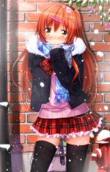 10s 1girl arm_behind_back bag black_hair black_thighhighs blush breath brick_wall brown_eyes brown_hair chuunibyou_demo_koi_ga_shitai! female_focus fire_hydrant handbag highres jacket long_hair miniskirt nibutani_shinka scarf side_ponytail skirt snow snowing solo swordsouls thighhighs zettai_ryouiki
