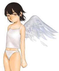 1girl black_hair brown_eyes camisole expressionless feathered_wings flat_chest hair_ornament highres iwakura_lain kennomou navel panties serial_experiments_lain short_hair simple_background solo underwear white_background white_camisole white_panties white_wings wings x_hair_ornament