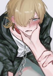 1boy 1other black_jacket black_pants blonde_hair blue_eyes collar degrees_of_lewdity earrings eyebrow_piercing face_piercing hair_over_one_eye hand_on_another&#039;s_chin highres ikustoa jacket jewelry leash looking_at_viewer open_clothes open_jacket open_mouth pants piercing pov pov_hands red_collar shirt white_shirt whitney_(degrees_of_lewdity) whitney_(male)_(degrees_of_lewdity)