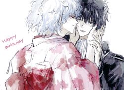2boys black_hair blue_eyes gintama hands_on_another&#039;s_face happy_birthday highres hijikata_toushirou japanese_clothes kimono lipstick_mark lushu_kuye medium_hair multiple_boys one_eye_closed pink_kimono sakata_gintoki short_hair trap white_hair yaoi