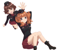 Rule 34 | 2girls, akaboshi koume, black hat, black jacket, black skirt, blue eyes, brown hair, garrison cap, girls und panzer, girls und panzer phase erika, grey shirt, hair tie, hat, jacket, kuromorimine military uniform, kuromorimine school uniform, long hair, miniskirt, multiple girls, official art, orange hair, red skirt, rou leila, school uniform, shirt, skirt, twintails