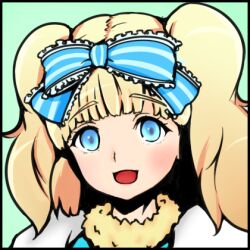1girl blonde_hair blue_bow blue_eyes blunt_bangs blush bow commentary_request frilled_bow frills fur_collar hair_bow long_hair looking_at_viewer lowres official_alternate_costume open_mouth portrait ragnarok_iris ragnarok_online simple_background smile solo sorcerer_(ragnarok_online) twintails upper_body