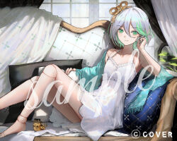 Rule 34 | 1girl, barefoot, braid, cecilia immergreen, closed mouth, colored inner hair, commentary request, copyright notice, couch, doll, doll joints, double-parted bangs, dress, flat chest, frilled dress, frills, green eyes, green hair, grey hair, hair between eyes, hair ornament, halterneck, hololive, hololive english, inaeda kei, indoors, joints, knees up, light smile, long hair between eyes, looking at viewer, loungewear, multicolored hair, official art, on couch, sample watermark, short hair, single braid, sitting, smile, solo, virtual youtuber, watermark, white dress, winding key