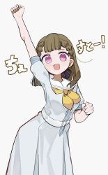 Rule 34 | 1girl, :d, absurdres, arm up, black bow, bow, braid, breasts, brown hair, center-flap bangs, chesto (phrase), commentary request, dress, hair bow, hasu no sora school uniform, highres, kachimachi kosuzu, link! like! love live!, love live!, medium breasts, nagisa iori, neckerchief, open mouth, pink eyes, pinstripe bow, pleated dress, puffy short sleeves, puffy sleeves, sailor collar, sailor dress, school uniform, short sleeves, side braids, smile, solo, summer uniform, translation request, virtual youtuber, white dress, white sailor collar, yellow neckerchief