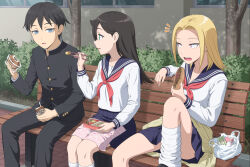 1boy 2girls aged_down bag bags_under_eyes bench bento black_hair black_jacket black_pants blonde_hair blue_eyes blue_sailor_collar blue_skirt bush buttons carton chopsticks commentary_request commission convenient_leg drinking_straw earrings feeding food food_request furoshiki gakuran green_eyes hair_between_eyes holding holding_chopsticks holding_food holding_juice_box ichikawa_masahiro jacket jewelry juice_box knee_up kuroki_tomoko&#039;s_father kuroki_tomoko&#039;s_mother long_hair long_sleeves looking_at_another loose_socks miniskirt multiple_girls neckerchief notice_lines on_bench open_mouth outdoors pants pleated_skirt red_eyes red_neckerchief sailor_collar school_uniform serafuku shirt short_hair sitting skeb_commission skirt smile socks sweater teeth upper_teeth_only watashi_ga_motenai_no_wa_dou_kangaetemo_omaera_ga_warui! white_shirt white_socks wooden_bench yellow_sweater yoshida_masaki&#039;s_mother