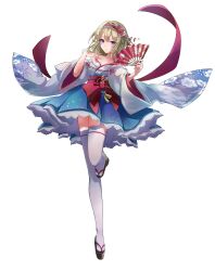 1girl absurdres alice_margatroid alternate_costume blonde_hair blue_eyes blue_skirt breasts closed_mouth collarbone commentary_request floral_print floral_print_kimono folding_fan frilled_hairband frills full_body hair_ornament hairband hand_fan highres holding holding_fan japanese_clothes kamu_kotan kanzashi kimono lace lace-trimmed_skirt lace_trim leg_up lolita_hairband long_sleeves looking_at_viewer obi obiage obijime off_shoulder paper_fan platform_sandals print_kimono red_hairband reirou_no_hydrangea sandals sash simple_background skirt smile solo thighhighs touhou tsumami_kanzashi white_background white_kimono white_thighhighs wide_sleeves