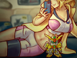 Rule 34 | 10s, 1girl, absurdres, bad id, bad pixiv id, blue eyes, breasts, brown hair, cellphone, checkerboardazn, gundam, gundam build fighters, gundam build fighters try, highres, hoshino fumina, large breasts, midriff, navel, phone, plamopony, selfie, smartphone, spandex, sports bra, two-tone sports bra, winning gundam