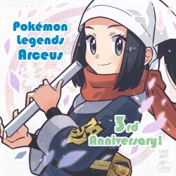 Rule 34 | 1girl, akari (pokemon), anniversary, black hair, black sash, black shirt, closed mouth, commentary request, copyright name, eyelashes, falling petals, flute, grey eyes, headscarf, holding, holding instrument, instrument, jacket, logo, long hair, nintendo, petals, pokemon, pokemon legends: arceus, red scarf, sasami 642, sash, scarf, shirt, sidelocks, smile, solo, split mouth, upper body