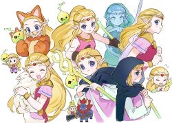 1girl animal animal_costume animal_ear_hairband animal_ears armor bare_shoulders black_cloak blonde_hair blue_eyes bracer branch bright_pupils brown_gloves cat cat_costume cat_ear_hairband cat_ears cloak closed_eyes closed_mouth commentary_request dress fake_animal_ears gloves hairband holding holding_animal holding_cat holding_shield holding_staff holding_sword holding_weapon hylian_shield light_blush long_hair long_sleeves looking_at_viewer lynel multiple_views nintendo official_alternate_costume official_alternate_hairstyle open_mouth opleillle pauldrons pink_dress pink_shirt pointy_ears ponytail princess princess_zelda princess_zelda_(swordfighter) purple_dress shield shirt short_sleeves shoulder_armor simple_background sleeveless sleeveless_shirt smile staff sword the_legend_of_zelda the_legend_of_zelda:_echoes_of_wisdom tiara tri_(zelda) tri_rod two-tone_dress weapon white_background white_cat white_dress white_pupils