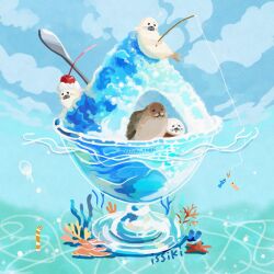 animal animal_focus artist_name bear bird blue_sky cherry cloud coral day facial_hair fish fishing fishing_rod food food_focus fruit garden_eel holding holding_fishing_rod ice_cream issiki_toaki jellyfish no_humans ocean original outdoors polar_bear seal_(animal) shaved_ice sky spoon starfish water watermark