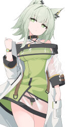 Rule 34 | 1girl, absurdres, animal ear fluff, animal ears, arknights, bare shoulders, black panties, blunt bangs, breasts, bright pupils, cameltoe, closed mouth, commentary request, cowboy shot, dress, gluteal fold, green dress, green eyes, green hair, halter dress, halterneck, hand in pocket, head tilt, highres, holding, kal&#039;tsit (arknights), looking at viewer, medium breasts, medium hair, off shoulder, panties, partial commentary, see-through clothes, see-through dress, see-through sleeves, simple background, solo, standing, strap, thigh gap, underwear, watch, white background, white dress, white pupils, wristwatch, yuuko (oruta)